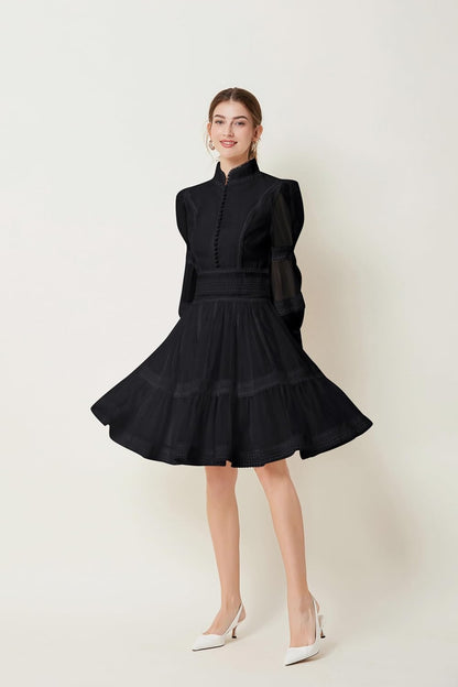 Medium , LAI MENG FIVE CATS Women's Puff Sleeves High Collar Hollow Mesh Pleat Layered Hem Solid Color Mini Dress.