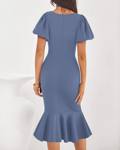 BTFBM Women Formal Wedding Guest Cocktail Dresses 2026 Short Sleeve Ruffle Mermaid Work Bodycon Elegant Midi Summer Dress .