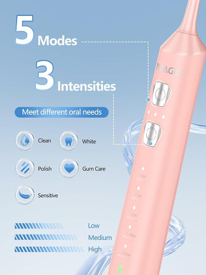 7MAGIC Sonic Electric Toothbrush, 180-Day Runtime, 42000 VPM, 8 Heads, Pink