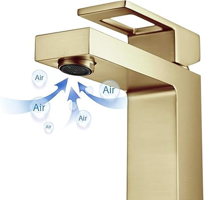 KIBI KBF1002 Solid Brass Single Handle Bathroom Sink Faucet  High Arc Cubic Spout Lavatory Faucet in Brushed Gold  Corrosion-Resistant, Modern Design, Easy to Install