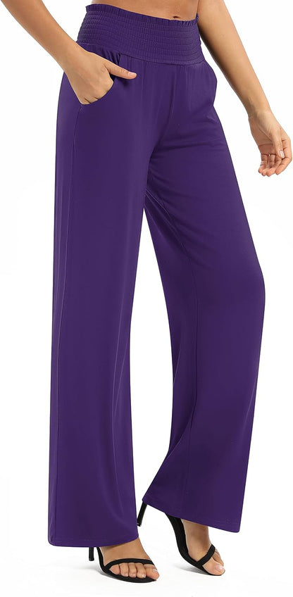 Urban CoCo Womens High Waist Flowy Palazzo Pants Elastic Waist Wide Leg Stretchy Straight Leg Dressy Casual Lounge Trousers