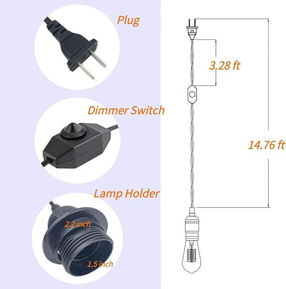Pendant Light Kit with Dimmer Switch 15 Feet Hanging Lamp Cord Set Plug in Edison Light Bulb Socket Rope for E26 E27 DIY Swag Light Fixtures