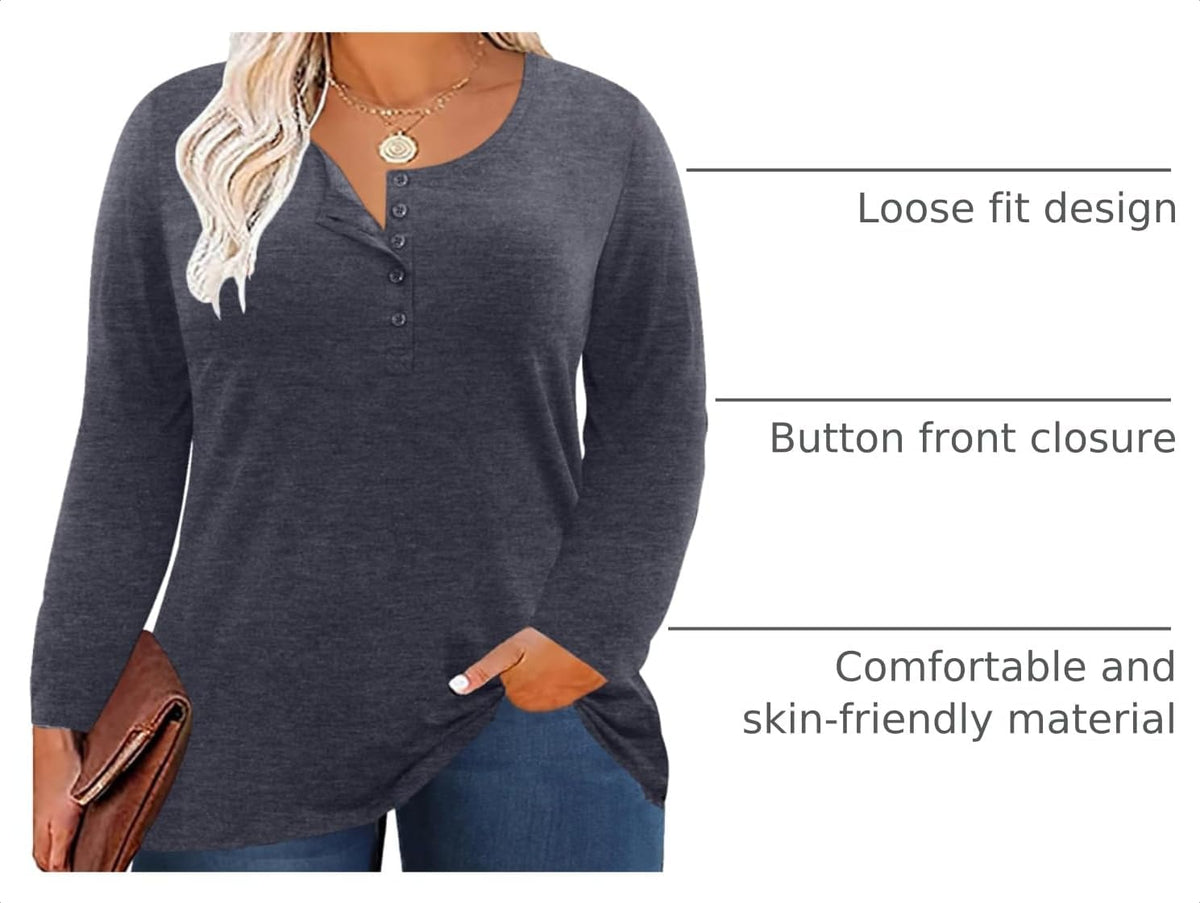 Halife Women's Plus Size Top Henley Neck Shirt Long Sleeve Button Front Round Neck Tee Basic Ladies Loose Fit T Shirt