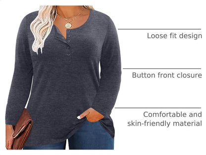 Halife Women's Plus Size Top Henley Neck Shirt Long Sleeve Button Front Round Neck Tee Basic Ladies Loose Fit T Shirt