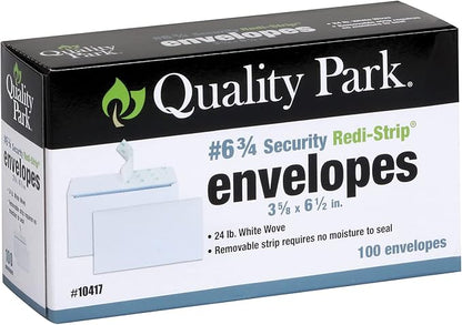 Quality Park 6 34 Self-Seal Security Envelopes, Security Tint and Pattern, Redi-Strip Closure, 24-lb White Wove, 3-58 x 6-12, 100Box (QUA10417)