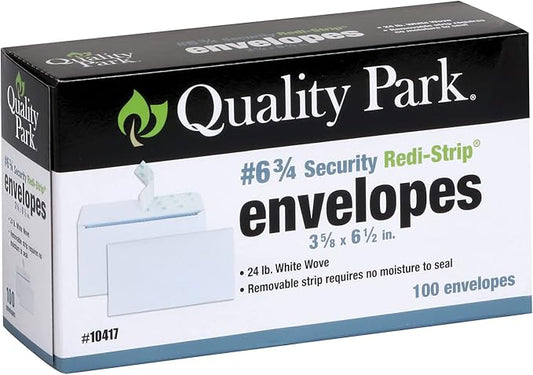 Quality Park 6 34 Self-Seal Security Envelopes, Security Tint and Pattern, Redi-Strip Closure, 24-lb White Wove, 3-58 x 6-12, 100Box (QUA10417)