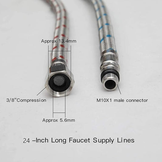 Homevacious 24-Inch Long Bathroom Kitchen Faucet Connector Braided Supply Hose 38-Inch Stainless Steel Female Compression Thread x M10 Male Connector, x 2 Pcs(1 Pair)