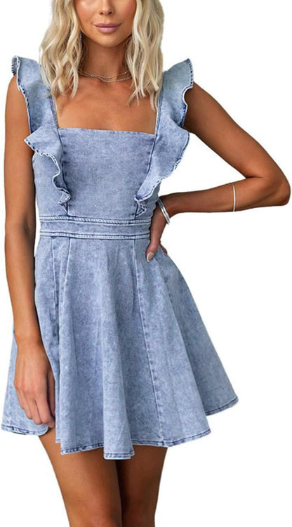 This ruffle-trimmed, backless denim mini dress from utcoco is perfect for summer - it's chic, comfortable, and versatile enough to wear anywhere.