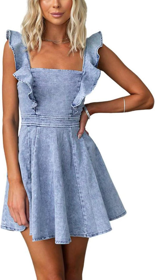 This ruffle-trimmed, backless denim mini dress from utcoco is perfect for summer - it's chic, comfortable, and versatile enough to wear anywhere.