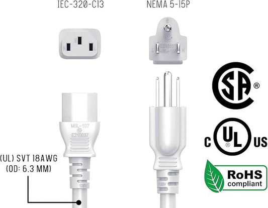 CableLeader 6ft 18 AWG Universal Power Cord IEC320 C13 to NEMA 5-15P, Extension Power Cord, Compatible with Computers, Monitors, Printers  TVs, White