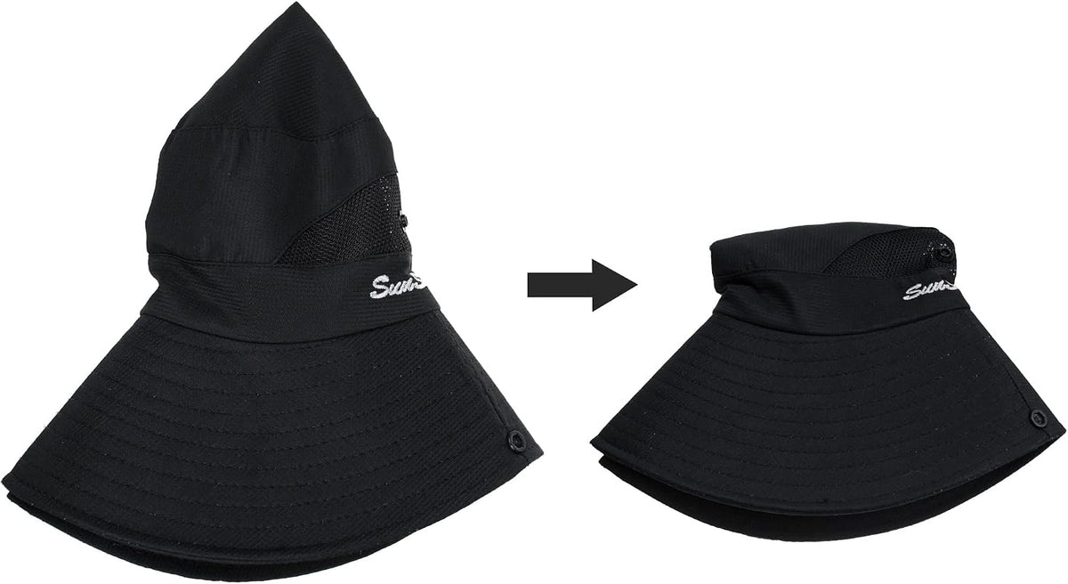 Women's Outdoor UV-Protection-Foldable Sun-Hats Mesh Wide-Brim Beach Fishing Hat with Ponytail-Hole. ( Black )