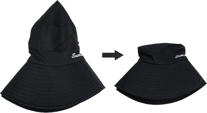 Women's Outdoor UV-Protection-Foldable Sun-Hats Mesh Wide-Brim Beach Fishing Hat with Ponytail-Hole. ( Black )