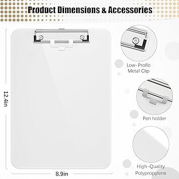 Hongri Plastic Clipboard, White 8.5x11" Clipboard, A4 Letter Size Clipboards for Nurses, Students, Office and Women, Clipboard with Pen Holder and Low Profile Clip, Size 12.5 x 9 Inch(White)