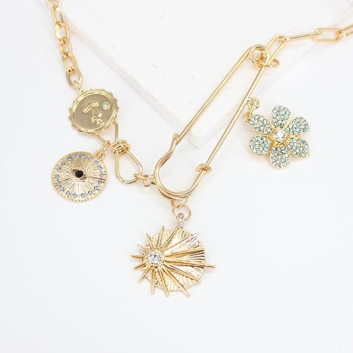 Glod Plated Boho Paperclip Chain Charm Necklace for Women Handmade Evil Eye Sun Moon Star Flower Coin Safety Pin Necklace Celestial Jewelry