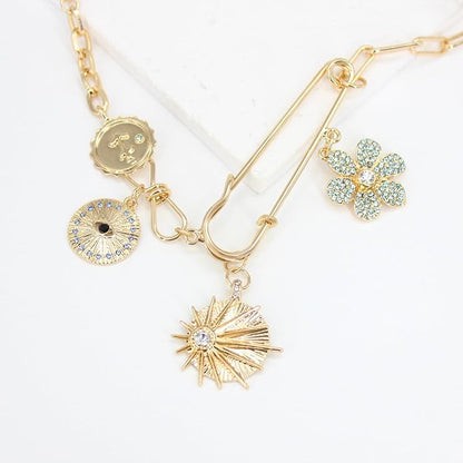 Glod Plated Boho Paperclip Chain Charm Necklace for Women Handmade Evil Eye Sun Moon Star Flower Coin Safety Pin Necklace Celestial Jewelry