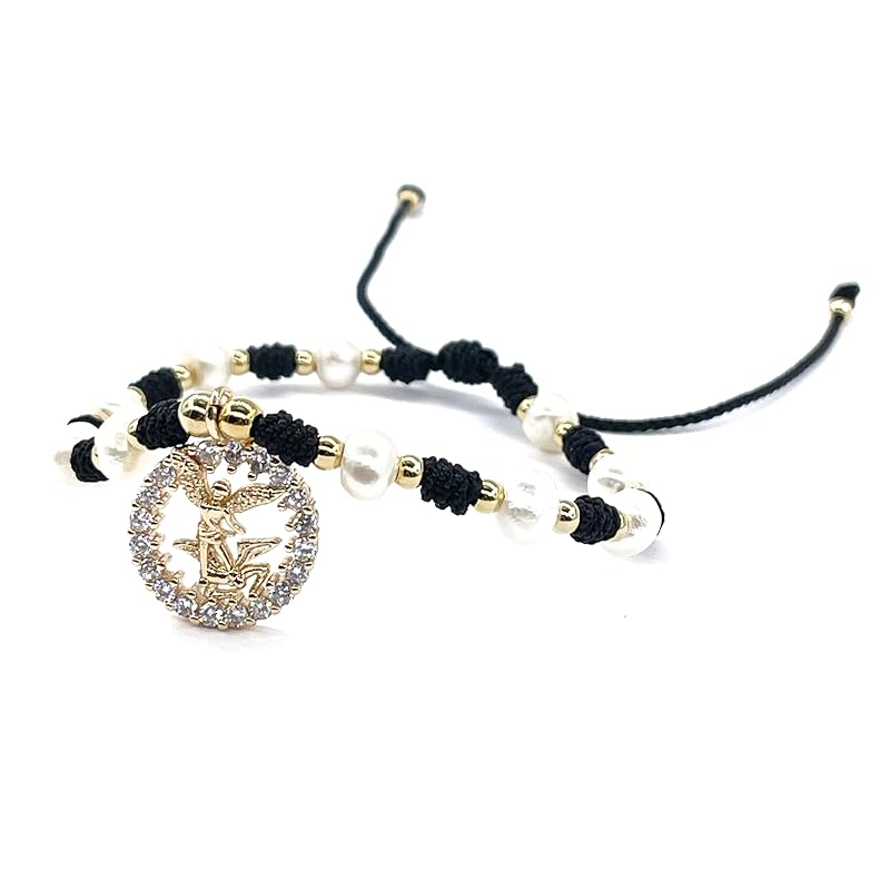St Michael Archangel Pendant Medal on Adjustable Ivory Cord and Freshwater Pearls Wrist Adjustable Bracelet (Black)