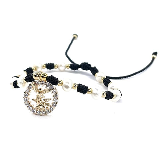 St Michael Archangel Pendant Medal on Adjustable Ivory Cord and Freshwater Pearls Wrist Adjustable Bracelet (Black)