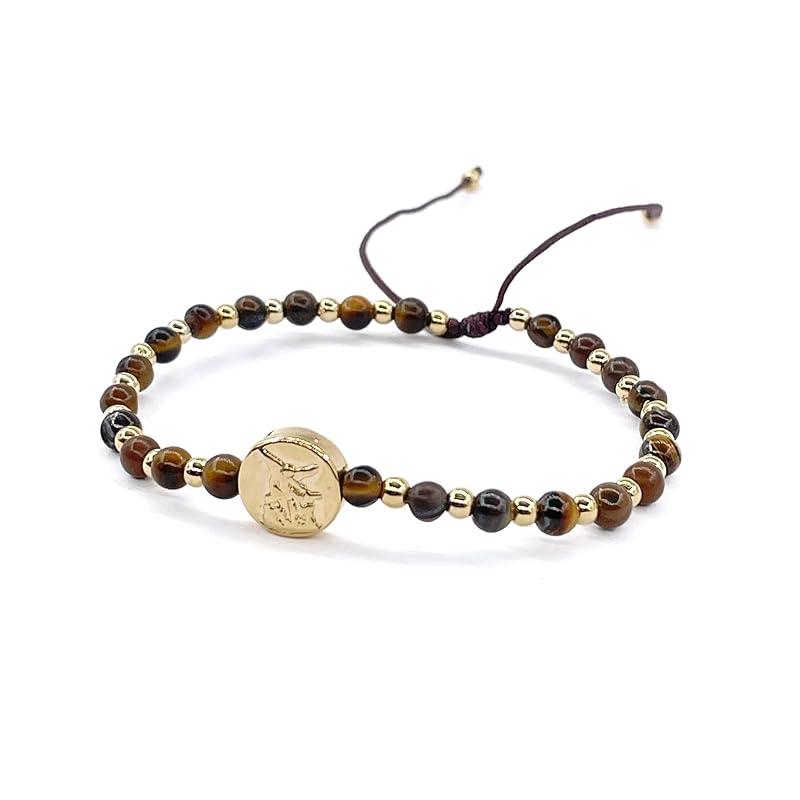 St Michael Archanel Coin and Natural Round White Turquoise Beads Adjustable Bracelet for Women (Brown Tiger Eye)