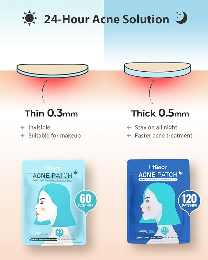LitBear Acne Pimple Patches- Day and Night 4 Sizes 180 Dots Thin & Thick Hydrocolloid Patches with Witch Hazel, Tea Tree & Calendula Oil, Extra Adhesion for Face Zit Patch Dots