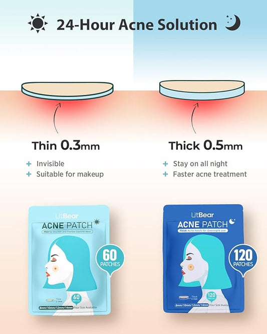 LitBear Acne Pimple Patches- Day and Night 4 Sizes 180 Dots Thin & Thick Hydrocolloid Patches with Witch Hazel, Tea Tree & Calendula Oil, Extra Adhesion for Face Zit Patch Dots
