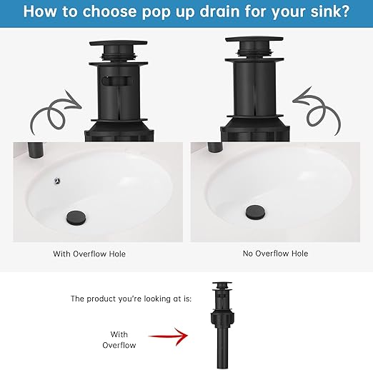RUMOSE Bathroom Sink Drain with Overflow, Matte Black Pop Up Drain Stopper Lavatory Vanity Vessel Sink Drain, Fits Standard Drain Hole Anti Clog Plastic Pop-up Sink Drain Stopper