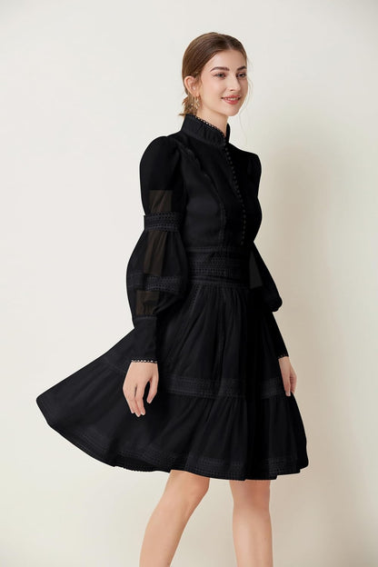 Medium , LAI MENG FIVE CATS Women's Puff Sleeves High Collar Hollow Mesh Pleat Layered Hem Solid Color Mini Dress.