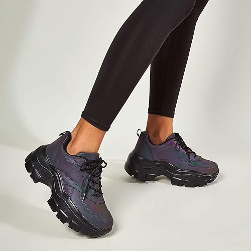 LUCKY STEP Women Chunky Platform Dad Colorblock White Neon Green Fuchsia Hologram Silver Casual Lace-Up Walking Sneakers