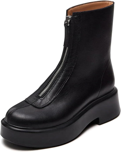 Women's Platform Ankle Boots Leather Boot Chelsea Booties Block Heel Round Toe Short Combat Boots Comfortable Zipper Winter Snow Boot Casual Dessy