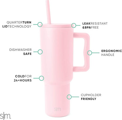 Simple Modern 40 oz Trek Tumbler with Handle and Straw Lid  Cup Holder Friendly Insulated Stainless Steel Travel Mug  Blush