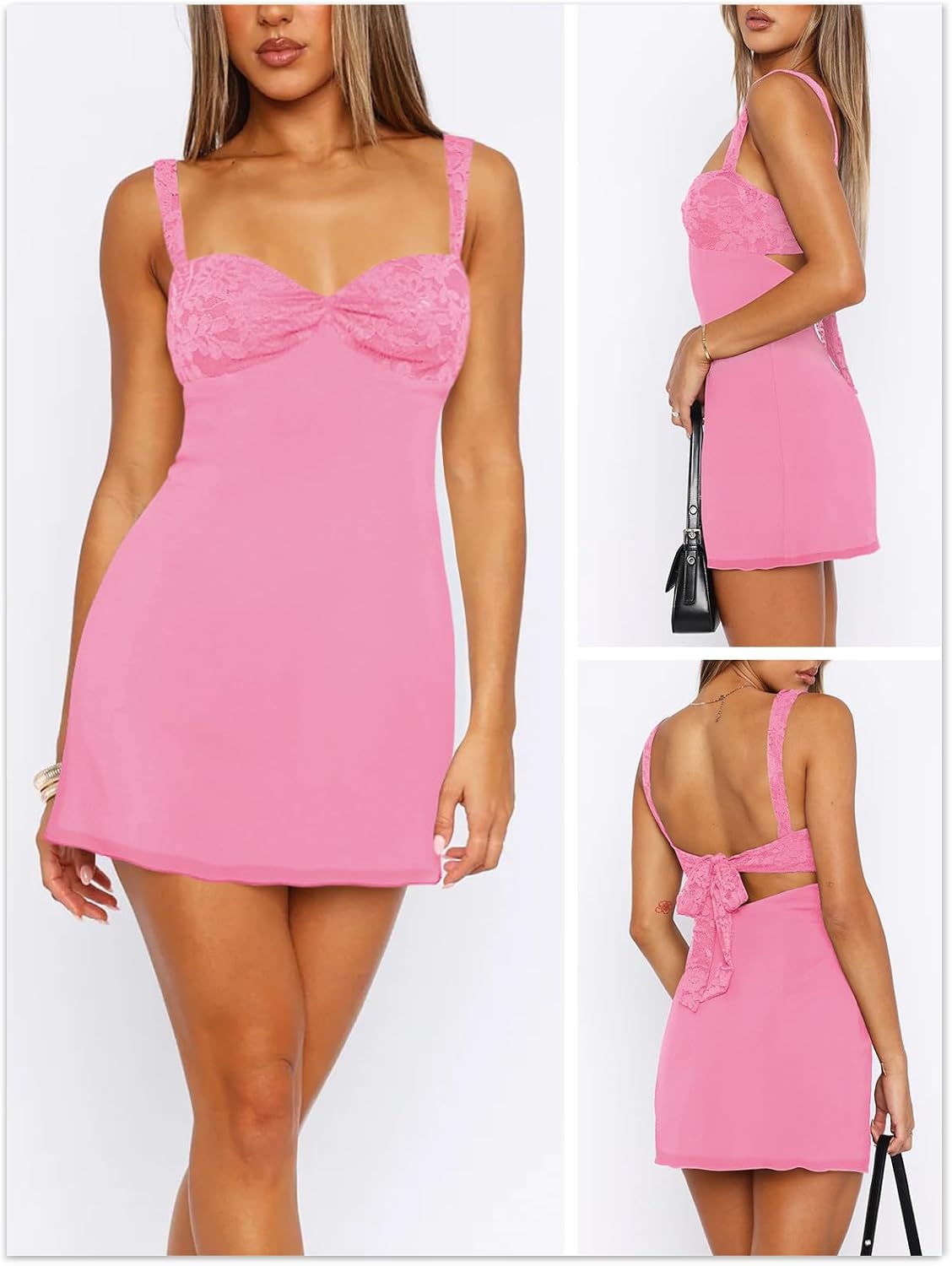 Women's Summer Mini Dresses Sleeveless Sexy Square Neck Lace Splicing Cocktail Party Straps Bodycon Dress.