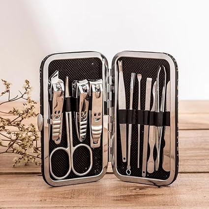 Manicure Set with Nail Clippers, Scissors, Files and Polish Remover, Black, Chrome