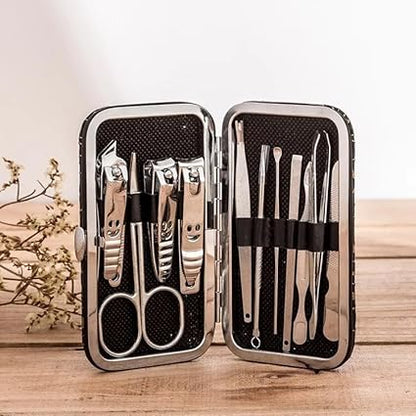 Manicure Set with Nail Clippers, Scissors, Files and Polish Remover, Black, Chrome