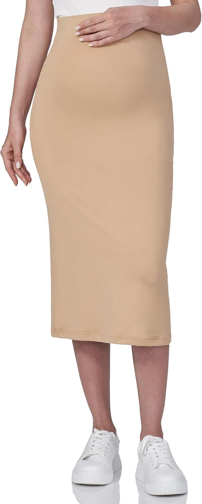 POSHDIVAH Women's Maternity Skirt Over The Belly Midi High Waisted Solid Stretchy Pregnancy Pencil Skirt