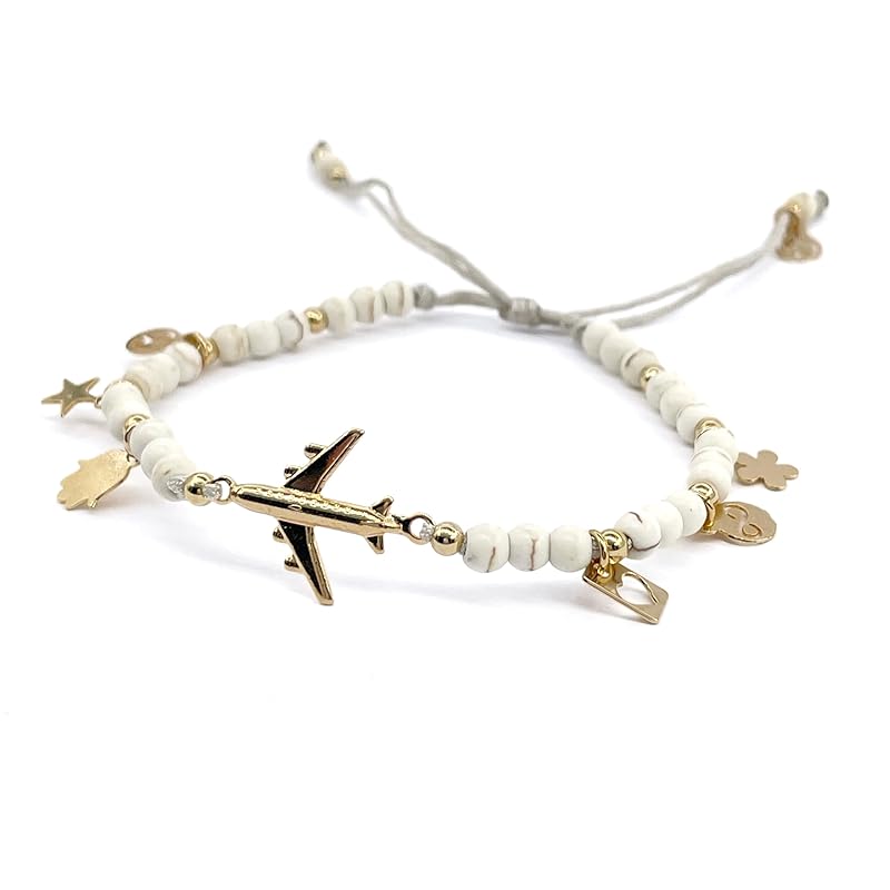 Delicate Travel Fans Bracelet Made with Natural Stones and Symbolyc Charms Special to Fly Lovers Adjustable for Women and Young Girls
