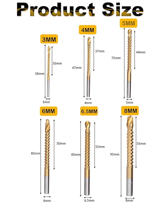 Rocaris 6 Pack Titanium Coated HSS Twist Drill Bits, 3-8mm Serrated Side Cutting Drill Bit Woodworking Tools for Plastic Metal Wood Hole