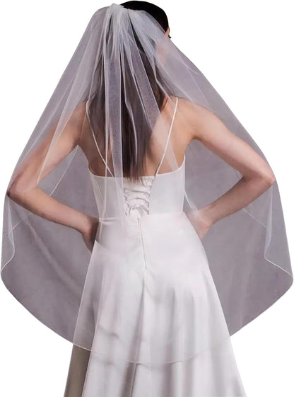 Pencil Edge Fingertip Length Simple Plain Wedding Bridal Veil with Comb
