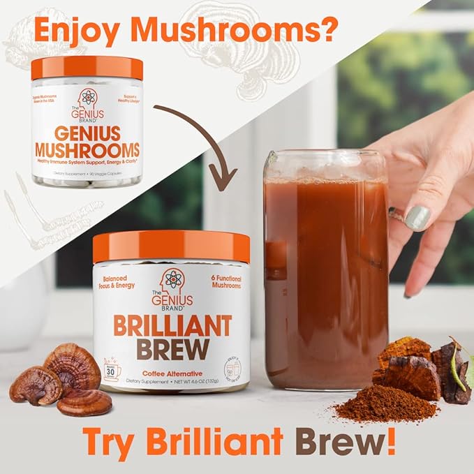Genius Mushroom Supplement - Full-Spectrum Lions Mane, Cordyceps, Reishi -Daily Brain Nootropic for Energy, Focus, Memory  Overall Wellness - 90 Capsules  Organic for Mental Clarity  Performance