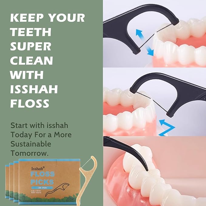Natural Dental Floss Picks - 50 Count - PETA Approved, BPA Free, Vegan, Sustainable, Eco Friendly, Natural Dental Flossers by Isshah (Mint)