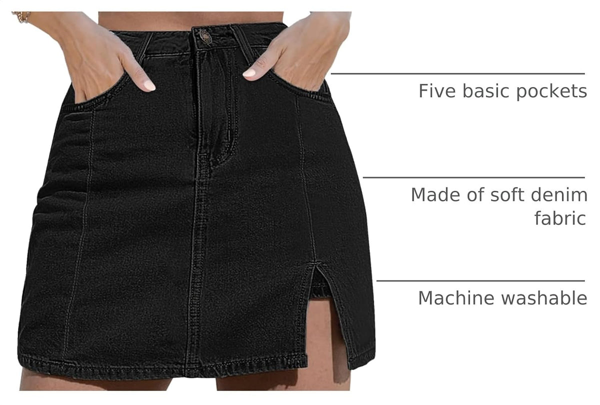 This stretchy, high-waisted jean shorts with side slit offers a versatile casual look that can be dressed up or down.