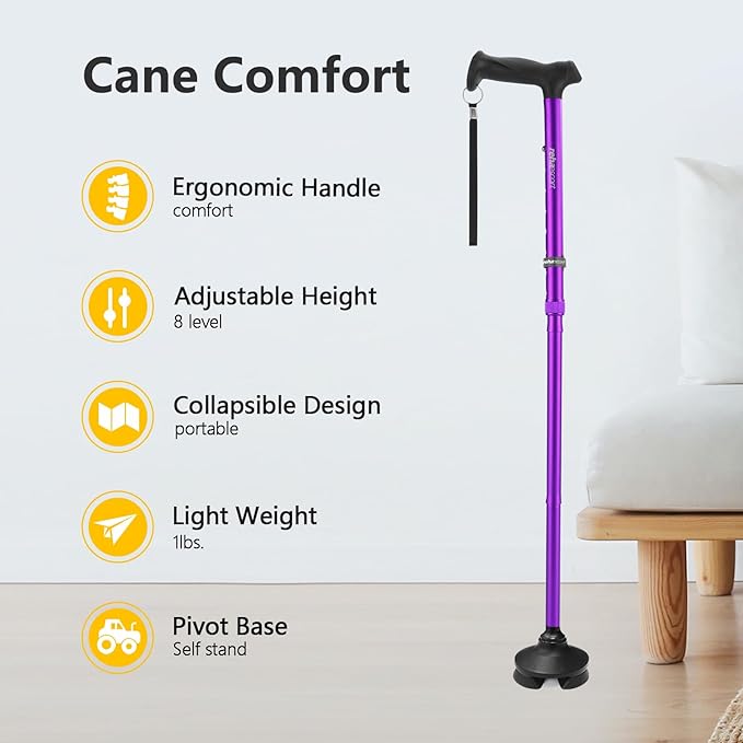 Walking Cane for Men  Women - Folding, Adjustable, Lightweight, Walking Canes for Seniors Balance, Free Standing, Pivot Tip, Soft Handle, Foldable Walking Sticks with Travel Bag