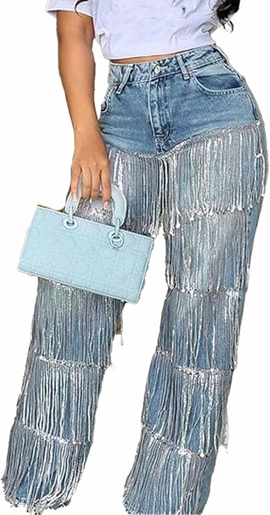 pnahip Women's High Waisted Sequin Fringe Jeans Baggy Straight Leg Sparkly Tassels Denim Pants Y2K Streetwear