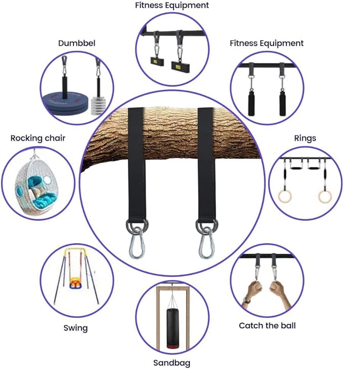 1 PCS Black Tree Swing Straps Hanging Kit with 2 Heavy Duty Carabiners (Stainless Steel), Tree Swing Hanging Kit for Swing Seat, Plank, Camping Hammock, Holds 2200 LBS