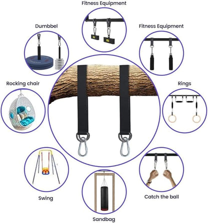 1 PCS Black Tree Swing Straps Hanging Kit with 2 Heavy Duty Carabiners (Stainless Steel), Tree Swing Hanging Kit for Swing Seat, Plank, Camping Hammock, Holds 2200 LBS