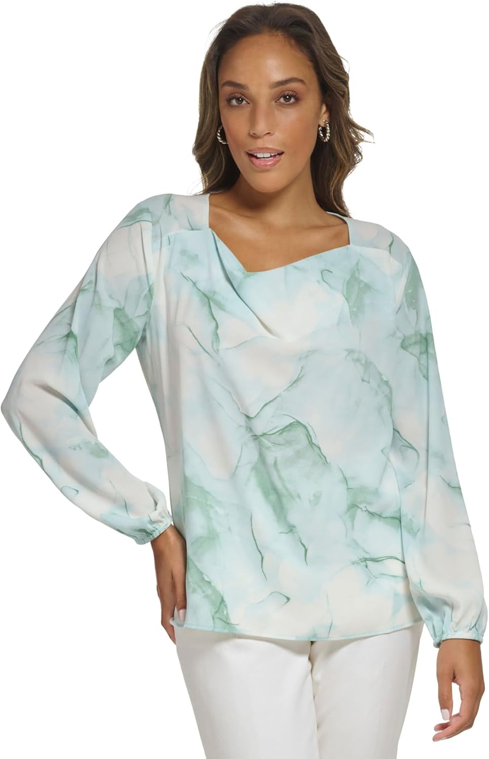 Calvin Klein Women's Marble-Print Cowl Neck Top Jadeite Multi