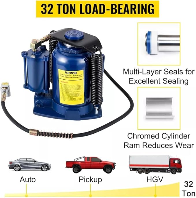 Air Hydraulic Bottle Jack 32 Ton(70550lbs) Manual Auto Truck RV Repair