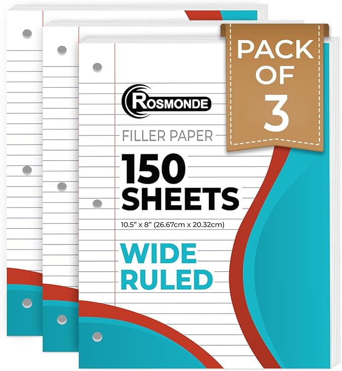 Loose Leaf Paper, 450 Sheets, 3 Pack, 56 gsm Wide Ruled Sheets, 8" x 10.5", Bulk Notebook Paper, 3 Hole Punched, 150 SheetsPack, Wide Ruled Paper for Binders, Loose Leaf Office Paper, White
