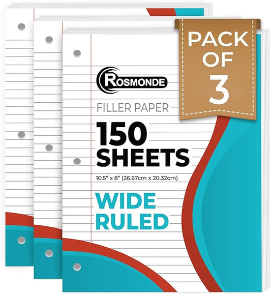 Loose Leaf Paper, 450 Sheets, 3 Pack, 56 gsm Wide Ruled Sheets, 8" x 10.5", Bulk Notebook Paper, 3 Hole Punched, 150 SheetsPack, Wide Ruled Paper for Binders, Loose Leaf Office Paper, White