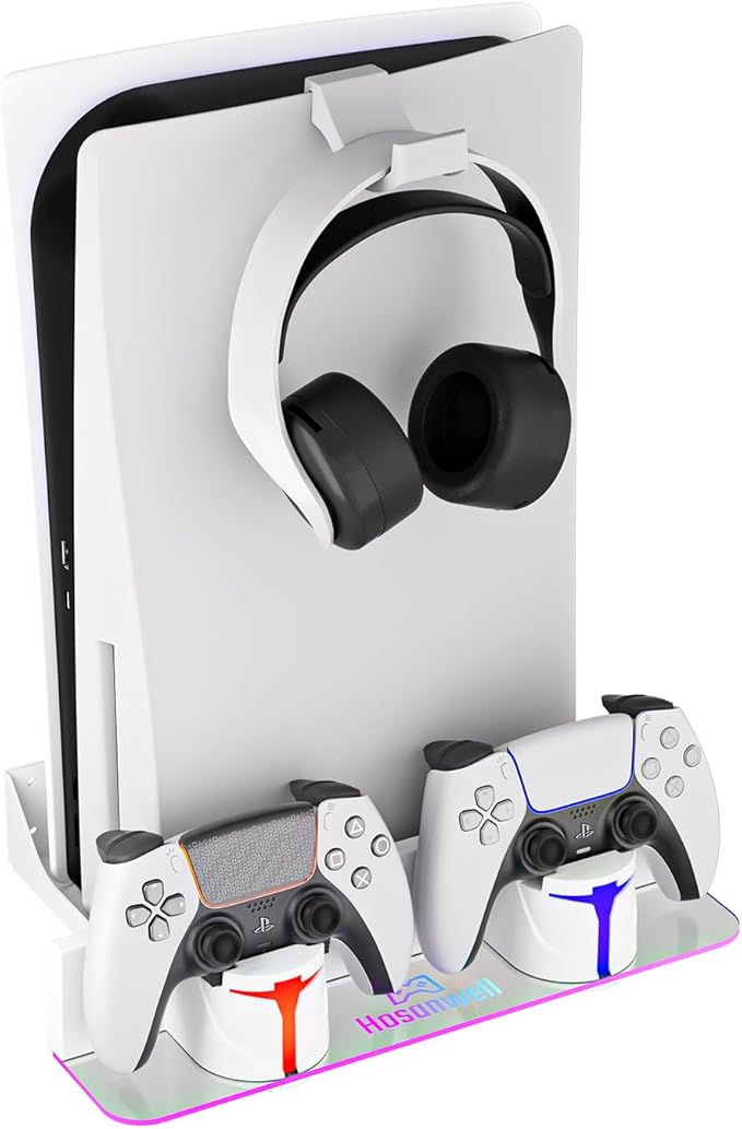 Hosanwell PS5 Wall Mount Kit with Charging Station, Compatible with PS5 Slim Disc & Digital Version, Dual Use Charging Station with Multi-Mode RGB Light, White