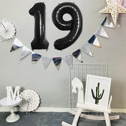 19th Birthday Party Decorations Set for Girl Boy Women Men Black HAPPY BIRTHDAY Letter Banner Silver Sparkly Glitter Traingle Banner Confetti Latex Balloons with Black Giant Number 19 Balloon