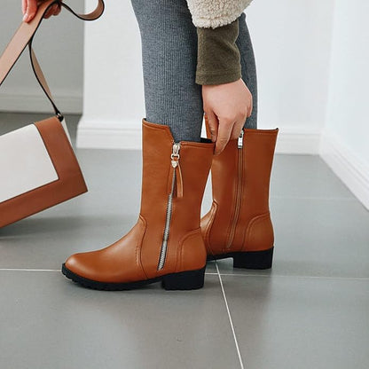 VOKLIN Women's Classic Round Toe Flat Low Heel Dress Ankle Boots Side Zipper Western Dressy Short Booties
